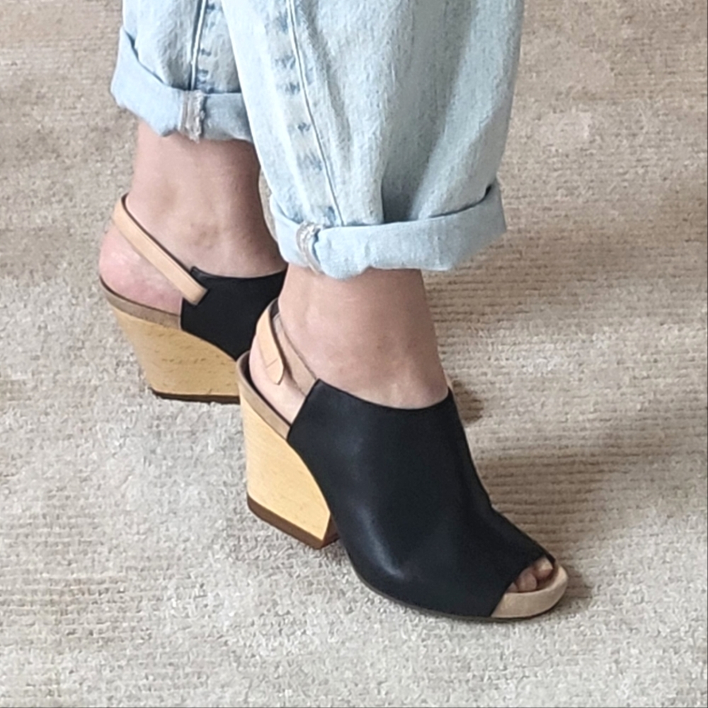 Camper Black Leather Peep Toe Wedges